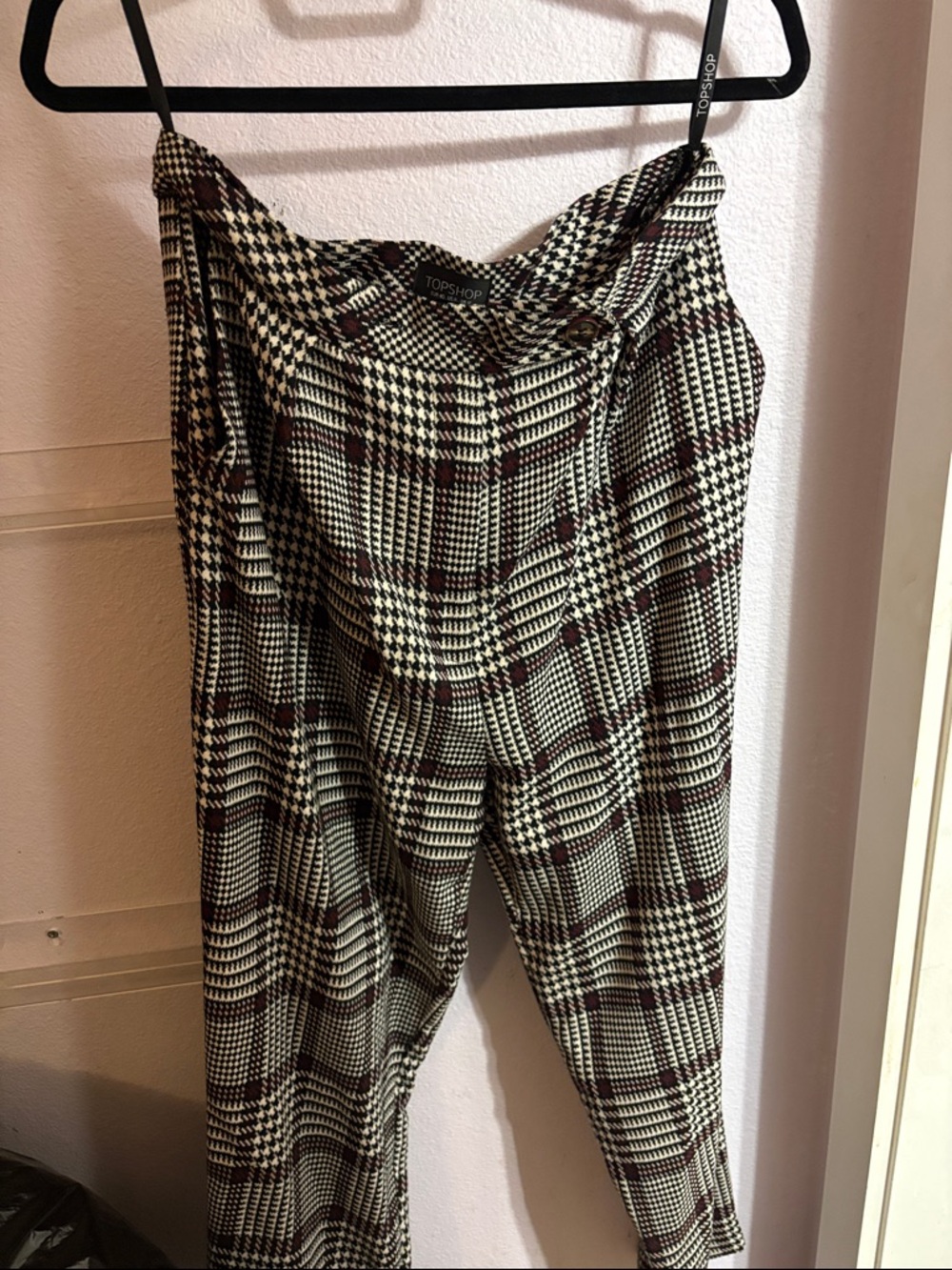 Topshop Black, White & Burgundy Plaid High-Waist Trousers